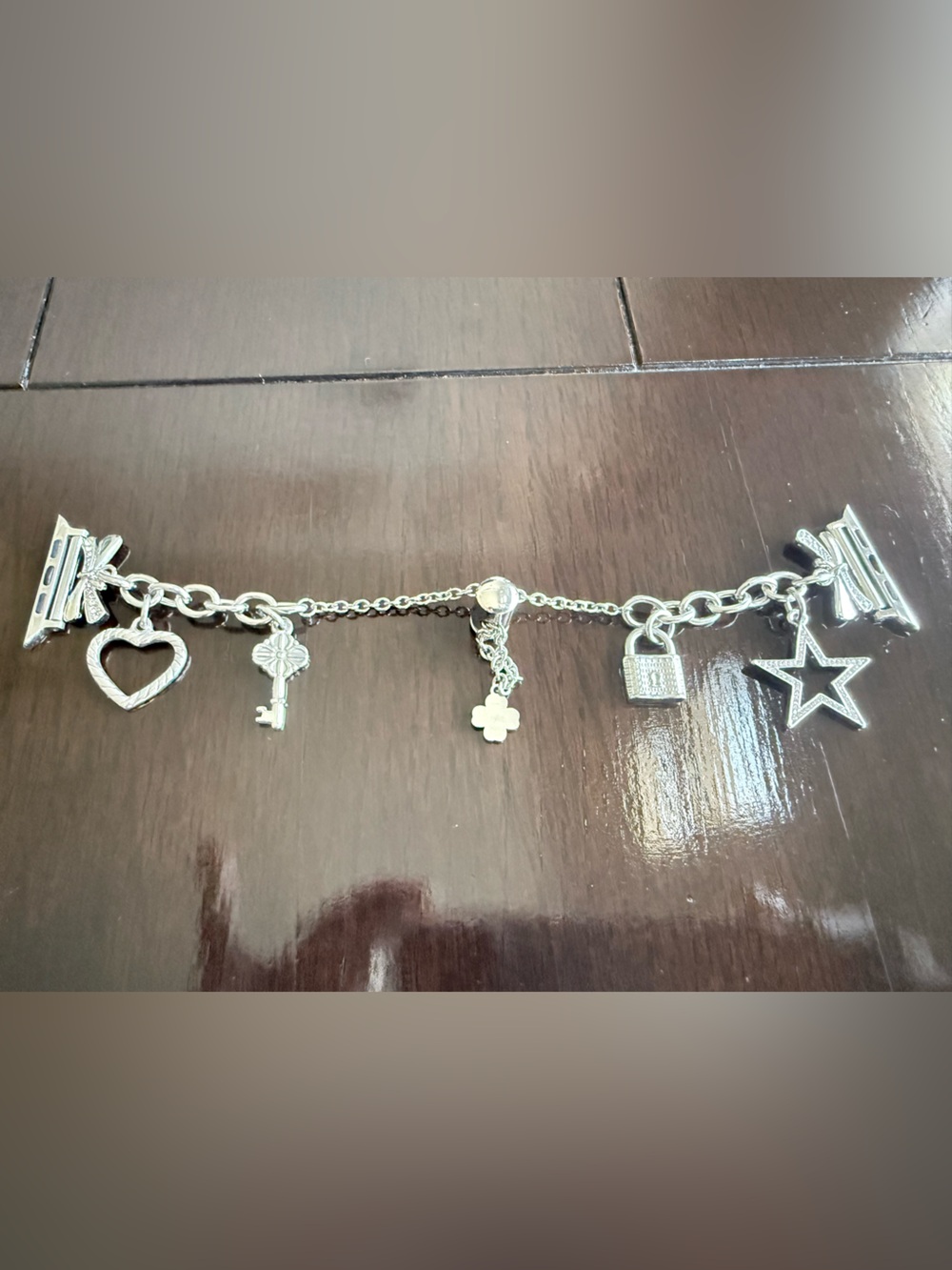 Adjustable Silver Charm Bracelet I Watch Band with Heart, Key & Star Charms